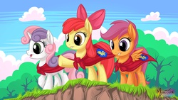 Size: 2560x1440 | Tagged: safe, artist:mysticalpha, apple bloom, scootaloo, sweetie belle, earth pony, pony, g4, 16:9, cape, clothes, cmc cape, cutie mark crusaders, wallpaper