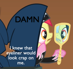 Size: 506x474 | Tagged: safe, edit, edited screencap, screencap, apple bloom, g4, the show stoppers, cloak, clothes, cropped, hood, hoof hold, image macro, meme, mirror, show stopper outfits, solo focus