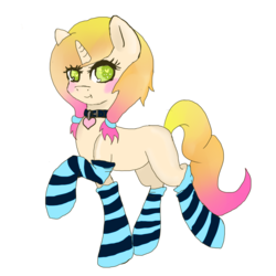 Size: 1025x1025 | Tagged: safe, artist:moekonya, oc, oc only, oc:stocking up, pony, unicorn, blushing, clothes, cute, pigtails, socks, solo, stockings, striped socks, twintails