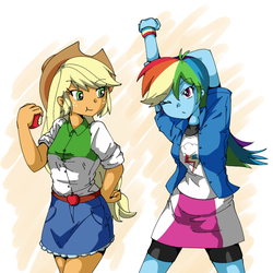 Size: 800x800 | Tagged: safe, artist:sugimoto kenshiro, applejack, rainbow dash, equestria girls, g4, apple, clothes, cowboy hat, denim skirt, eating, food, hat, pixiv, skirt, stetson, stretching, wristband