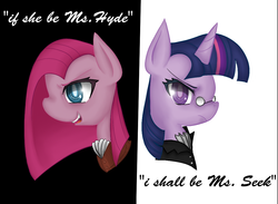 Size: 1142x836 | Tagged: safe, artist:drhikari, pinkie pie, twilight sparkle, g4, dr jekyll and mr hyde, duo, glasses, pinkamena diane pie