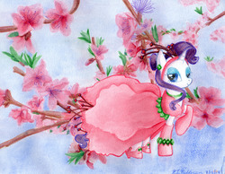 Size: 3409x2652 | Tagged: safe, artist:kelseyleah, rarity, pony, unicorn, g4, clothes, dress, female, high res, mare, peach blossoms, solo, traditional art