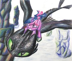 Size: 1024x869 | Tagged: safe, artist:dynamiclines, twilight sparkle, dragon, night fury, pony, unicorn, g4, awesome, badass, dreamworks, duo, female, how to train your dragon, mare, ponies riding dragons, riding, toothless the dragon, traditional art, twilight riding toothless, unicorn twilight, wholesome