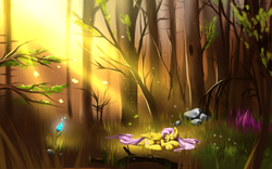 Size: 4000x2500 | Tagged: safe, artist:koi-to, fluttershy, pegasus, pony, g4, female, forest, scenery, sleeping, solo, sunlight