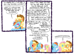 Size: 1000x739 | Tagged: safe, artist:foudubulbe, applejack, fluttershy, rainbow dash, g4, comic, crying, floppy ears, laughing, no pupils