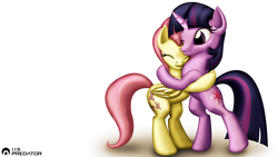 Size: 1920x1080 | Tagged: safe, artist:tsaritsaluna, fluttershy, twilight sparkle, pony, unicorn, g4, bipedal, female, hug, lesbian, ship:twishy, shipping, simple background, unicorn twilight