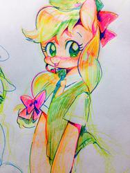 Size: 768x1024 | Tagged: dead source, safe, artist:hotomura, applejack, earth pony, semi-anthro, g4, blushing, bow, clothes, female, hair bow, shirt, solo, traditional art, vest