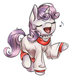 Size: 950x960 | Tagged: safe, artist:moenkin, sweetie belle, g4, choir, choir gown, clothes, cute, dress, eyes closed, female, music notes, open mouth, raised hoof, raised leg, ruff (clothing), simple background, singing, smiling, solo, transparent background, underhoof