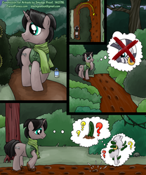 Size: 1000x1200 | Tagged: safe, artist:smudge proof, zecora, oc, oc:benigin bergham, pony, unicorn, zebra, g4, camouflage, clothes, comic, commission, confused, context is for the weak, cover, cucumber, dirty, everfree forest, forest, frown, mud, no help needed, notepad, observer, question mark, scarf, smiling, thinking, thought bubble, vest, walking, wat, water bottle