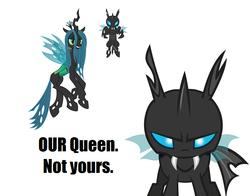 Size: 920x720 | Tagged: safe, queen chrysalis, changeling, g4, bronybait, looking at you, possessive, protecting, talking to viewer, text