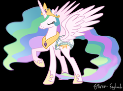 Size: 787x584 | Tagged: safe, artist:oliver-england, princess celestia, g4, black background, diaper, eyes closed, female, jewelry, mare, non-baby in diaper, raised hoof, regalia, simple background, smiling, solo