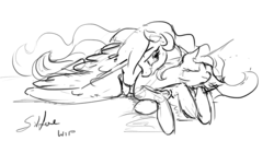 Size: 1280x659 | Tagged: safe, artist:silfoe, princess celestia, princess luna, lunadoodle, g4, cuddling, grayscale, monochrome, prone, sketch, snuggling, wip