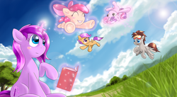 Size: 4000x2186 | Tagged: safe, artist:nekokevin, apple bloom, scootaloo, sweetie belle, oc, oc:star myst, g4, book, cutie mark crusaders, levitation, magic, scootaloo can fly