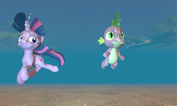 Size: 1024x614 | Tagged: safe, artist:dragonboi471, spike, twilight sparkle, g4, 3d, gmod, underwater