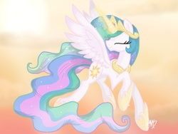 Size: 960x720 | Tagged: safe, artist:midnightsketches, princess celestia, g4, eyes closed, female, flying, gradient background, happy, magic, raised hoof, smiling, solo, spread wings