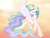 Size: 960x720 | Tagged: safe, artist:midnightsketches, princess celestia, g4, eyes closed, female, flying, gradient background, happy, magic, raised hoof, smiling, solo, spread wings