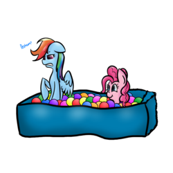 Size: 1024x1024 | Tagged: safe, artist:melisong777, pinkie pie, rainbow dash, g4, ball pit, dashcon, dialogue, simple background, transparent background, unamused