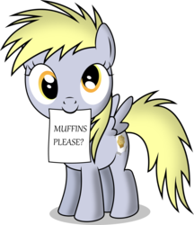 Size: 3228x3734 | Tagged: safe, artist:notlikelyanartist, derpy hooves, g4, cute, derpabetes, diabetes, female, filly, high res, mouth hold, muffin, note, solo, that pony sure does love muffins