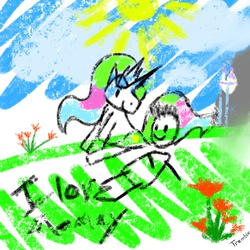 Size: 800x800 | Tagged: safe, artist:tremble, princess celestia, oc, oc:anon, g4, crayon drawing, fridge art (literally)