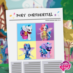 Size: 788x788 | Tagged: safe, princess celestia, princess luna, equestria girls, g4, official, alternative cutie mark placement, brushable, doll, facial cutie mark, fashion style, female, irl, my little pony logo, newspaper, photo, ponied up, pony confidential, pony ears, sunglasses, toy