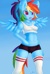 Size: 2067x3081 | Tagged: safe, artist:zodiacnicola, rainbow dash, anthro, g4, arm hooves, belly button, clothes, female, high res, midriff, open mouth, socks, solo, sports bra, thigh highs