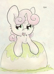 Size: 875x1198 | Tagged: safe, artist:slightlyshade, sweetie belle, g4, bipedal leaning, drool, female, looking at you, pudding, solo, traditional art, watercolor painting