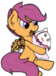 Size: 1457x1966 | Tagged: safe, artist:niksiekins, scootaloo, g4, cute, cutealoo, female, hug, open mouth, pillow, simple background, sitting, smiling, solo, transparent background, underhoof
