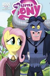 Size: 988x1500 | Tagged: safe, artist:amy mebberson, idw, fluttershy, iron will, minotaur, pony, friends forever #10, g4, my little pony: friends forever, spoiler:comic, alternate hairstyle, american gothic, clothes, cover, duo, female, fine art parody, idw advertisement, male, mare, necktie, nose piercing, nose ring, piercing, septum piercing, ship:ironshy, shipping, straight