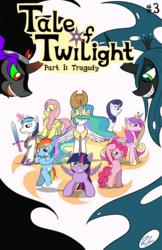 Size: 792x1224 | Tagged: safe, artist:donzatch, applejack, fluttershy, king sombra, pinkie pie, princess cadance, princess celestia, queen chrysalis, rainbow dash, rarity, shining armor, twilight sparkle, alicorn, pony, umbrum, comic:tale of twilight, g4, cover, female, mane six, mare, sword, twilight sparkle (alicorn)