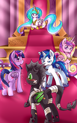 Size: 1250x2000 | Tagged: safe, artist:vavacung, princess cadance, princess celestia, shining armor, twilight sparkle, oc, alicorn, changeling, pony, g4, alicorn triarchy, bandage, blushing, butt, eyes on the prize, female, glare, green changeling, gritted teeth, injured, looking back, mare, open mouth, plot, prone, sisters-in-law, smiling, sparkles, twibutt, twilight sparkle (alicorn), wavy mouth, wide eyes