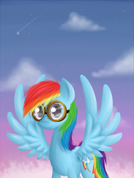 Size: 700x933 | Tagged: safe, artist:lunarii, rainbow dash, g4, cloud, cloudy, female, goggles, shooting star, sky, smiling, solo, spread wings