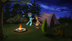 Size: 1920x1080 | Tagged: safe, artist:bronyjunk, rainbow dash, scootaloo, g4, campfire, camping, camping trip, forest, sitting, tent