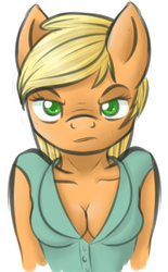 Size: 529x851 | Tagged: safe, artist:alleynurr, applejack, earth pony, anthro, g4, bootlegger, breasts, cleavage, clothes, female, frown, shirt, solo