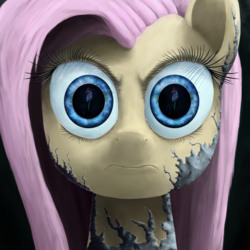 Size: 2000x2000 | Tagged: safe, artist:phiktorial, fluttershy, cockatrice, pony, g4, stare master, badass, eye reflection, eyes, female, flutterbadass, high res, mare, nightmare fuel, petrification, reflection, solo, the stare
