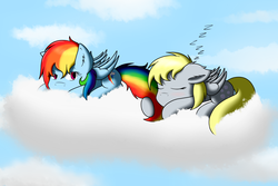 Size: 1350x900 | Tagged: safe, artist:call-me-jack, derpy hooves, rainbow dash, pegasus, pony, g4, female, mare, sleeping