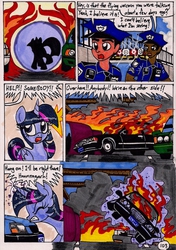 Size: 1380x1958 | Tagged: safe, artist:newyorkx3, twilight sparkle, alicorn, human, pony, comic:twilight and the big city, g4, bentley, car, comic, female, fire, force field, glowing horn, horn, levitation, magic, magic aura, mare, police, police car, police officer, telekinesis, traditional art, twilight sparkle (alicorn)