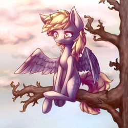 Size: 800x800 | Tagged: safe, artist:peachykat, derpy hooves, pegasus, pony, g4, female, lollipop, mare, sitting, sitting in a tree, solo, tree