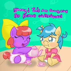 Size: 1000x1000 | Tagged: safe, artist:tapeysides, oc, oc only, oc:cobalt arrow, oc:itty bit, pony, baby, baby pony, diaper, foal, poofy diaper