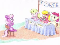 Size: 2164x1652 | Tagged: safe, artist:philo5, cheerilee, daisy, flower wishes, lily, lily valley, roseluck, g4, banner, floppy ears, flower trio, frown, glasses, gritted teeth, leaning, lip bite, nervous, raised eyebrow, reading, sitting, table, traditional art