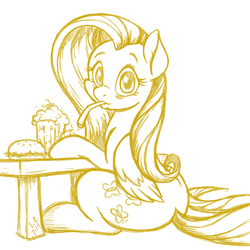 Size: 1400x1400 | Tagged: safe, artist:latecustomer, fluttershy, pony, g4, burger, butt, drink, female, flutterbutt, food, milkshake, monochrome, mouth hold, plot, sitting, solo, straw, table