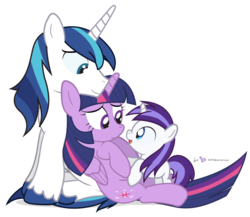 Size: 900x780 | Tagged: safe, artist:dm29, shining armor, twilight sparkle, oc, oc:violet starshine, alicorn, pony, g4, 5-year-old, auntie twilight, cuddling, cute, female, filly, julian yeo is trying to murder us, lying down, mare, misleading thumbnail, not incest, offspring, on back, open mouth, parent:princess cadance, parent:shining armor, parents:shiningcadance, simple background, sitting, smiling, snuggling, transparent background, trio, twilight sparkle (alicorn), vector