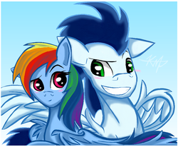 Size: 742x612 | Tagged: safe, artist:accursedknight, rainbow dash, soarin', g4, blushing, female, floppy ears, male, ship:soarindash, shipping, smiling, spread wings, straight