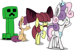 Size: 1861x1251 | Tagged: safe, artist:zacatron94, apple bloom, scootaloo, sweetie belle, earth pony, pegasus, pony, unicorn, moody mark crusaders, g4, bandage, creeper, crossover, cutie mark crusaders, female, filly, foal, minecraft, mouth hold, simple background, sitting, transparent background