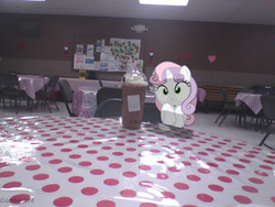 Size: 934x701 | Tagged: safe, artist:digitalpheonix, artist:erisgrim, sweetie belle, pony, unicorn, g4, chair, cutout, frappuccino, heart, irl, photo, ponies in real life, poster, shadow, solo, table, vector