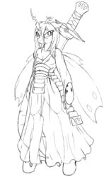 Size: 1132x1920 | Tagged: safe, artist:vicmanone, queen chrysalis, changeling, changeling queen, anthro, g4, clothes, female, monochrome, solo, sword, weapon