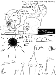 Size: 600x800 | Tagged: safe, artist:cogweaver, princess celestia, princess luna, alicorn, pony, g4, black hole, cake, cakelestia, canterlot, cloud, comic, eating, eyes closed, female, food, heart, hoof hold, mare, monochrome, open mouth, simple background, sketch, smiling, white background