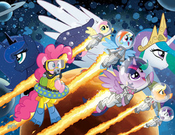 Size: 981x756 | Tagged: safe, artist:tony fleecs, idw, applejack, fluttershy, pinkie pie, princess celestia, princess luna, rainbow dash, rarity, twilight sparkle, alicorn, pony, g4, astrodash, astronaut, bubble, clothes, cover, female, jetpack, jetpack comics, mane six, mare, mars, mask, no logo, one of these things is not like the others, pinkie being pinkie, ponies in space, scuba gear, space, spacesuit, textless, twilight sparkle (alicorn)