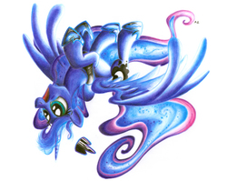 Size: 3209x2550 | Tagged: safe, artist:uminanimu, princess luna, alicorn, pony, g4, colored, colored pencil drawing, female, flying, happy, high res, laughing, mare, open mouth, open smile, simple background, smiling, solo, traditional art, upside down, white background