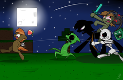 Size: 2000x1300 | Tagged: safe, artist:pandramodo, button mash, earth pony, enderman, giant spider, pony, slime monster, spider, zombie, don't mine at night, g4, arrow, awesome face, bipedal, bow (weapon), bow and arrow, colt, creeper, crossover, dexterous hooves, diamond sword, full moon, hat, hoof hold, literal butthurt, male, minecraft, moon, pain, propeller hat, running away, skeleton, sword, weapon