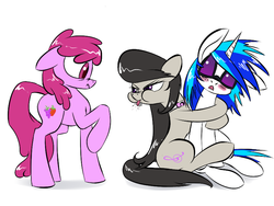 Size: 800x600 | Tagged: safe, artist:underpable, berry punch, berryshine, dj pon-3, octavia melody, vinyl scratch, earth pony, pony, unicorn, g4, blushing, bow, bowtie, female, hug, lesbian, looking at each other, mare, mine!, possessive, raspberry, ship:scratchtavia, shipping, simple background, tongue out, white background